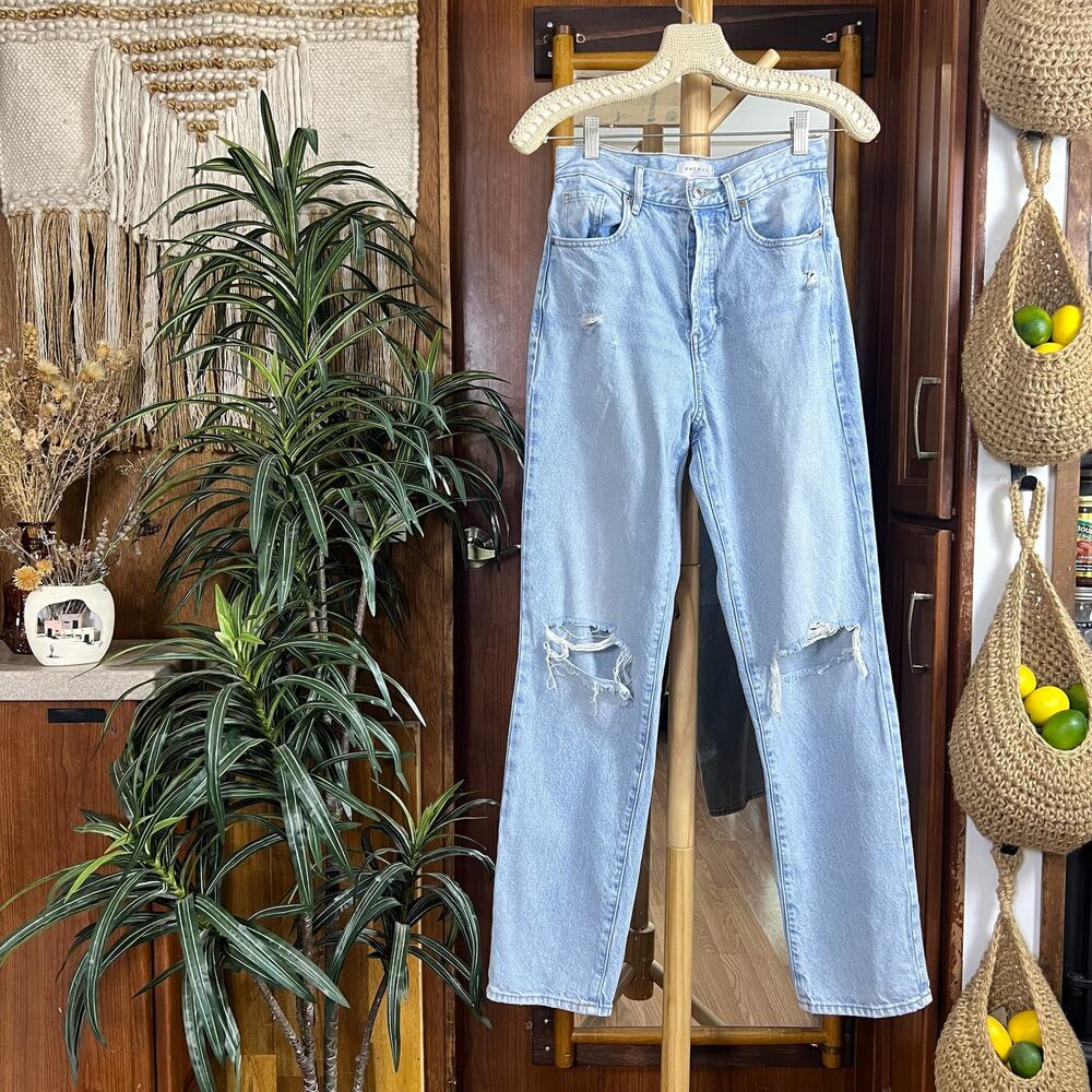 PacSun High Rise Dad Jeans 26 Light Wash Distressed Knee Rigid Cotton Straight